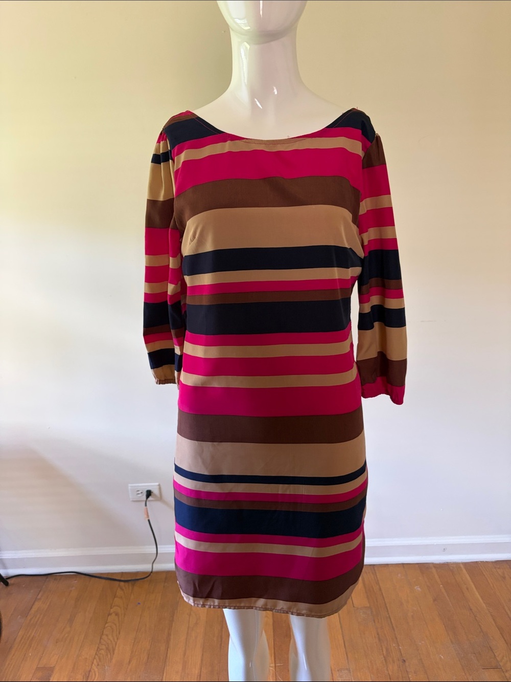 Francesca's Collections Pink, Brown & Navy Striped Midi Dress
